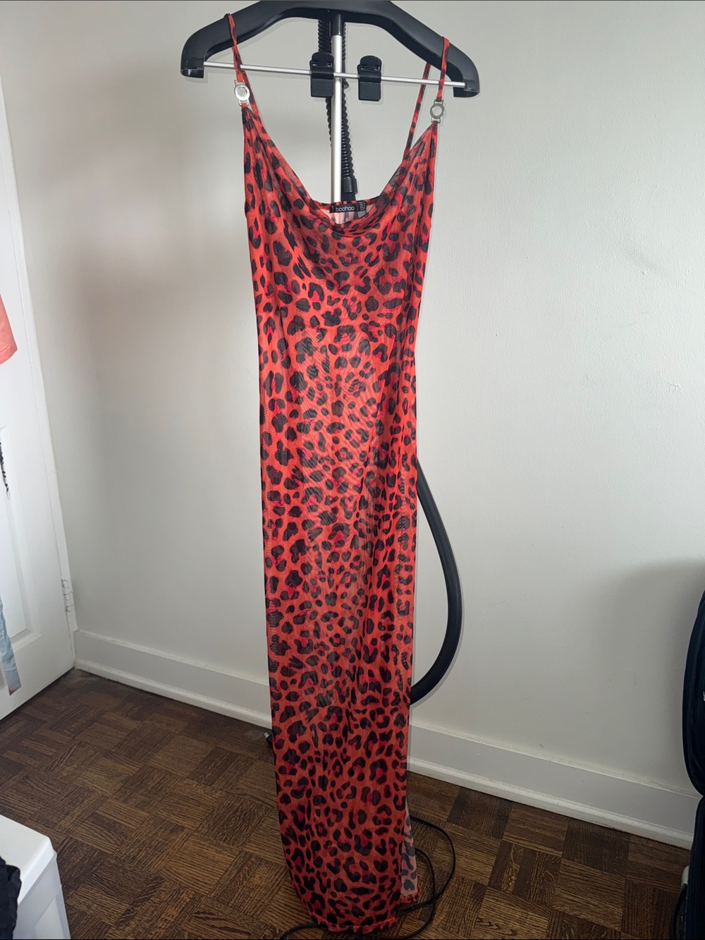 Red Leopard Print Slip Dress with Cowl Neck cover up
